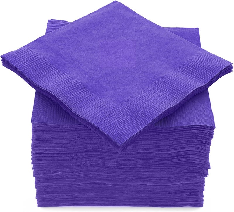 Amcrate 100 Pack Purple Beverage Napkins, Big Party Pack, 2 Ply, Ideal for Wedding, Party, Birthday, Dinner, Lunch, Cocktails. (5” x 5”) by - Image 1
